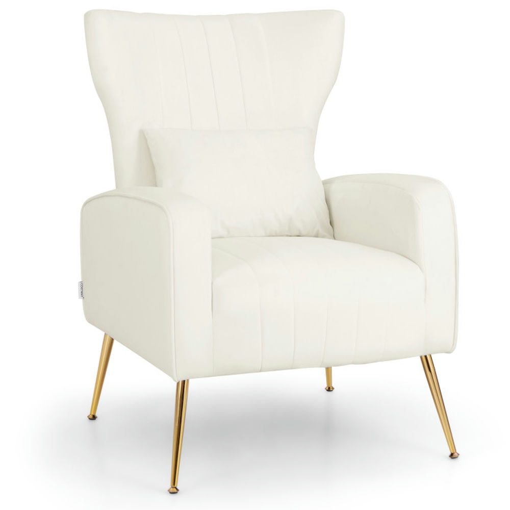 Finihen Accent Chair, Wingback Accent Armchair, Modern Accent Chair, Velvet Upholstered Wingback Chair with Lumbar Pillow and Golden Metal Legs, for Living Room, Bedroom, White Finihen Accent Chair, Wingback Accent Armchair, Modern Accent Chair, Velvet Upholstered Wingback Chair with Lumbar Pillow and Golden Metal Legs, for Living Room, Bedroom, White