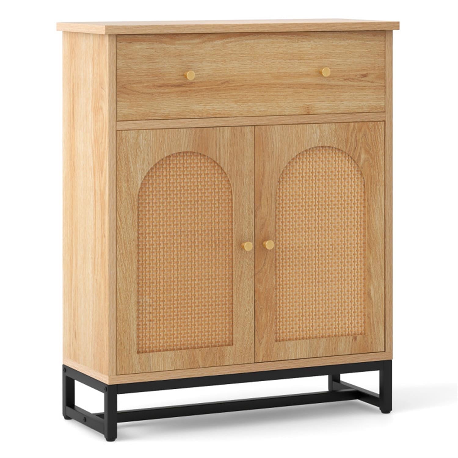 Demi Bonn Accent Floor Storage Cabinet with Rattan Doors, Bathroom Cabinet with Large Drawer, Freestanding Storage Cabinet Organizer, Beige