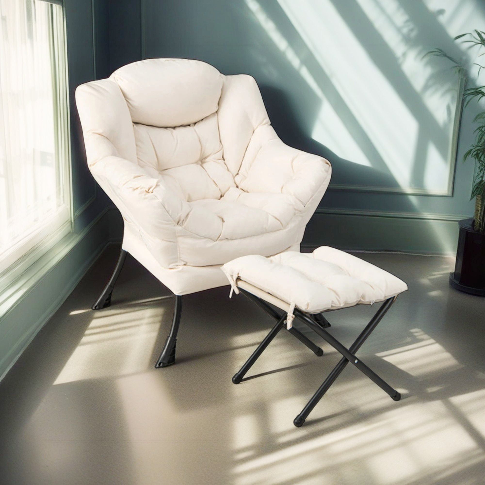 Demi Bonn Accent Sofa Chair, Recliner Chair with Ottoman Footrest, Modern Accent Sofa Chair with Folding Footrest and Side Pocket, for Living Room, Bedroom, Beige