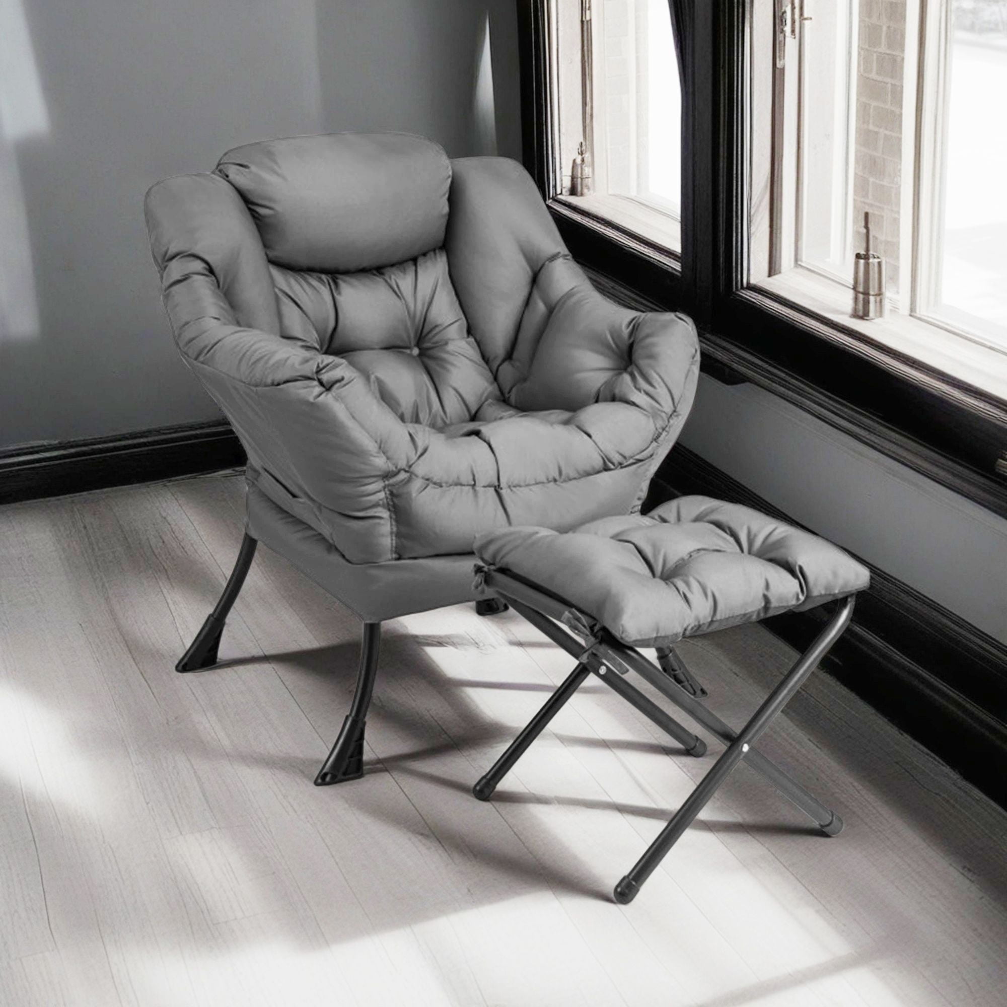 Demi Bonn Accent Sofa Chair, Recliner Chair with Ottoman Footrest, Modern Accent Sofa Chair with Folding Footrest and Side Pocket, for Living Room, Bedroom, Gray