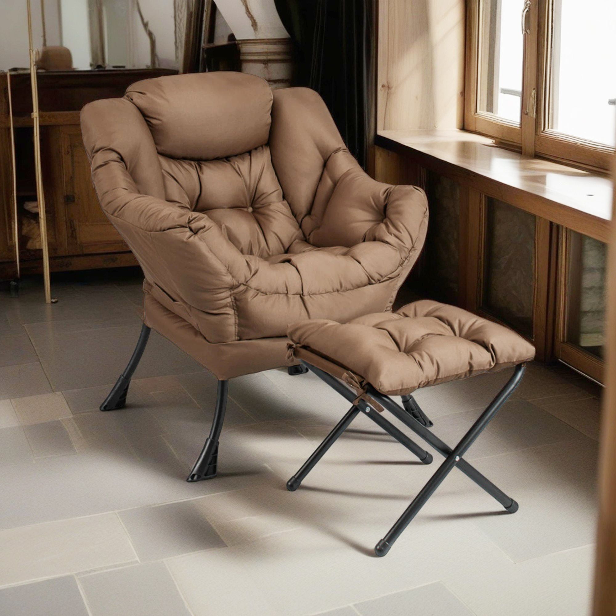 Finihen Recliner Chair with Ottoman Footrest, Modern Accent Sofa Chair with Folding Footrest and Side Pocket, for Living Room, Bedroom, Brown Finihen Recliner Chair with Ottoman Footrest, Modern Accent Sofa Chair with Folding Footrest and Side Pocket, for Living Room, Bedroom, Brown