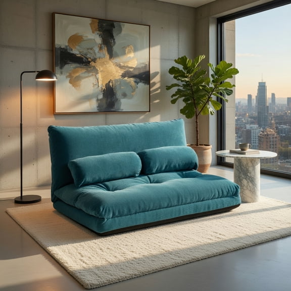 Demi Bonn Adjustable Floor Sofa Couch, Foldable Lazy Sofa Sleeper Bed, Multi-Functional Floor Loveseat, 6-Position Adjustable Sleeper Lounge Couch with 2 Pillows, for Reading, Gaming, Blue