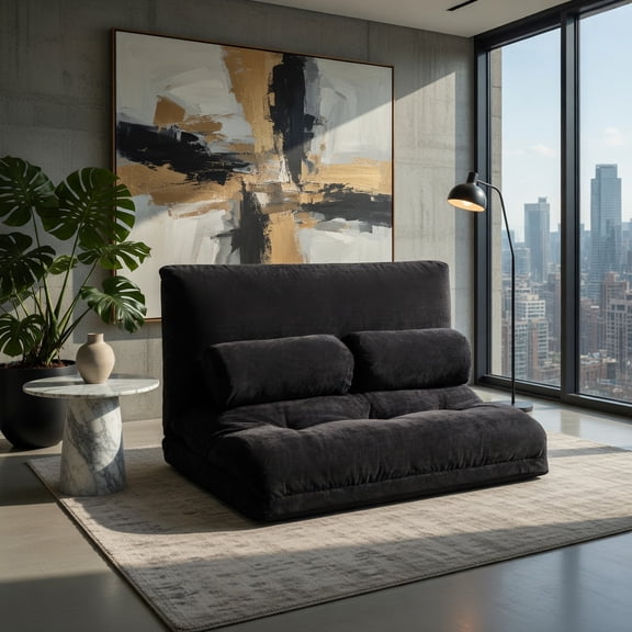 Demi Bonn Adjustable Floor Sofa Couch, Foldable Lazy Sofa Sleeper Bed, Multi-Functional Floor Loveseat, 6-Position Adjustable Sleeper Lounge Couch with 2 Pillows, for Reading, Gaming, Black