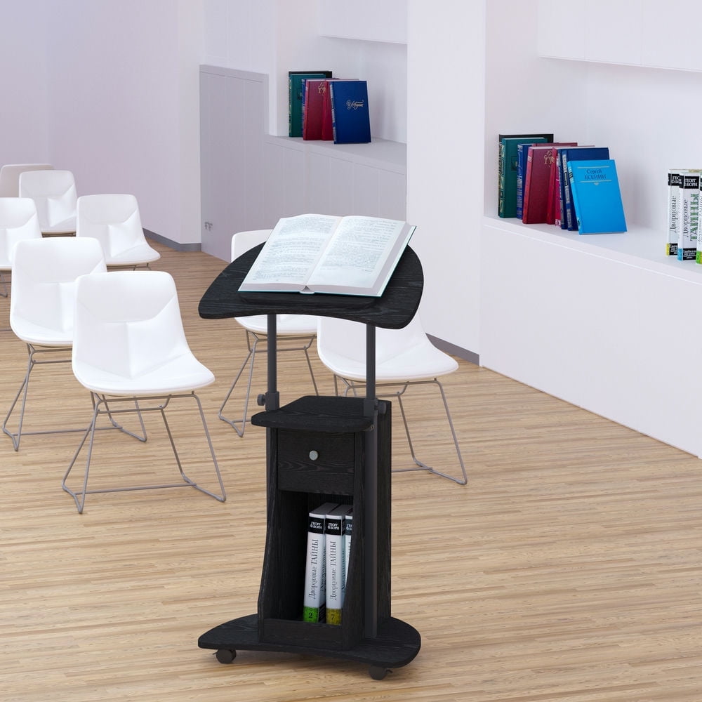 Demi Bonn Adjustable Height Laptop Cart with Drawer, Sit-to-Stand Computer Desk with Swivel Top and Storage, Mobile Podium Desk Stand, Black