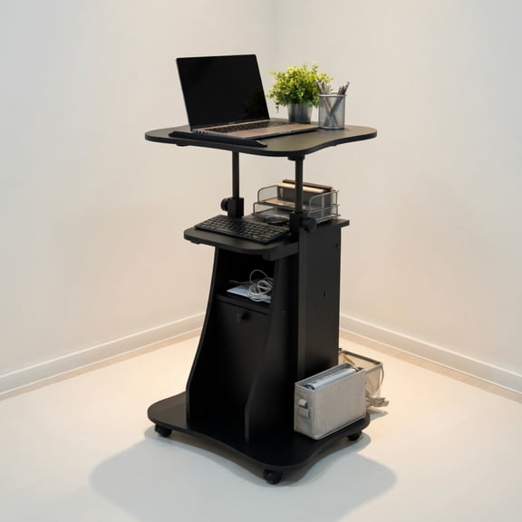 Demi Bonn Adjustable Mobile Standing Desk Cart with Tilt Desktop and Cabinet for Laptops, Books, Tablets, and Art, Black