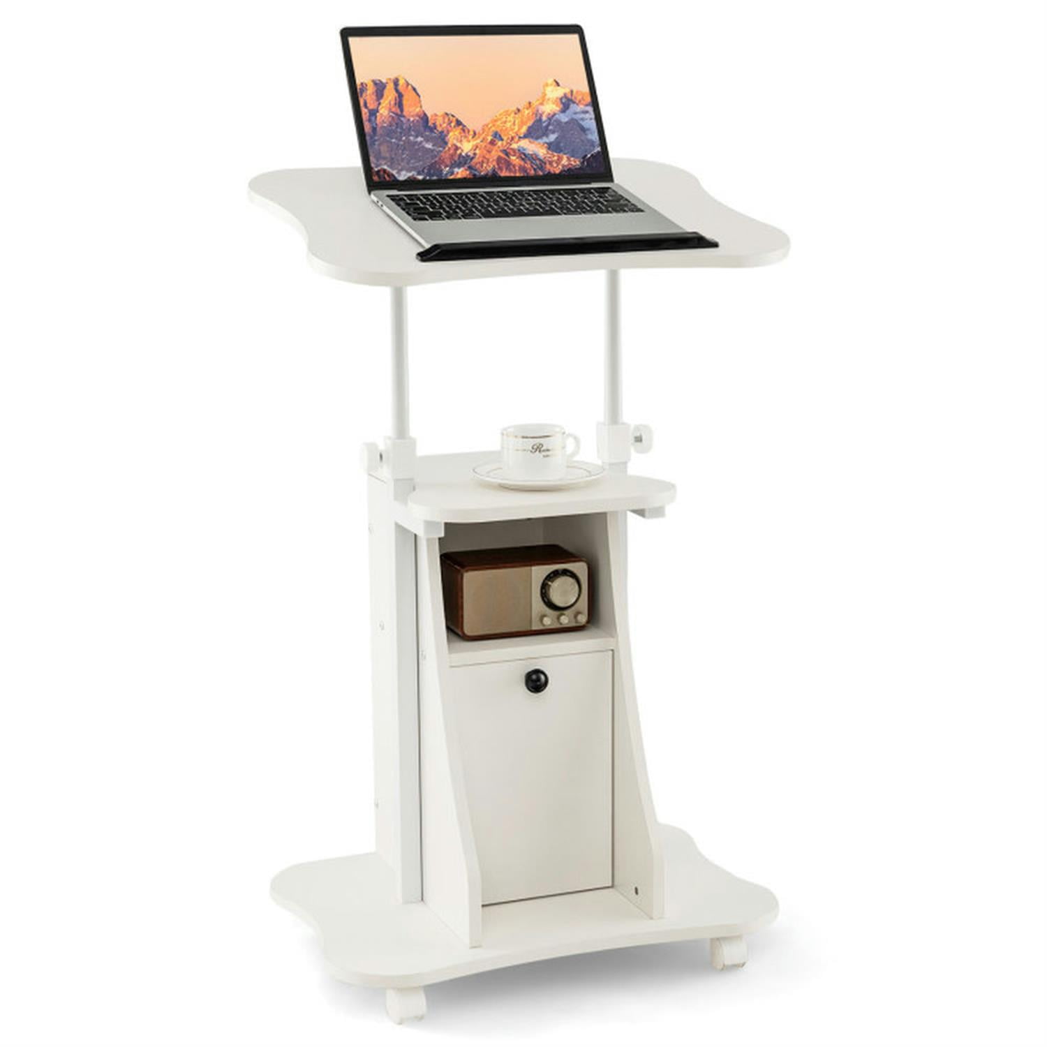 Finihen Adjustable Mobile Standing Desk Cart with Tilt Desktop and Cabinet for Laptops, Books, Tablets, and Art, White Finihen Adjustable Mobile Standing Desk Cart with Tilt Desktop and Cabinet for Laptops, Books, Tablets, and Art, White