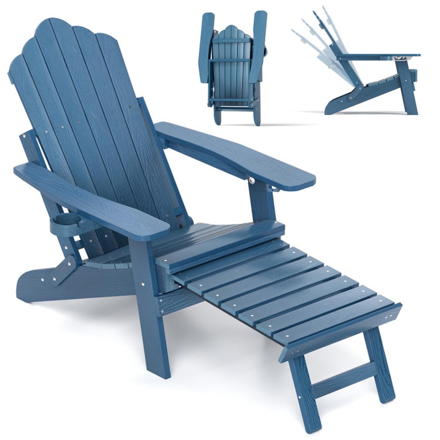 Demi Bonn All-Weather HIPS Patio Adirondack Lounge Chair with Retractable Footrest, Outdoor Accent Furniture Lounge Chairs for Yard, Garden, Blue