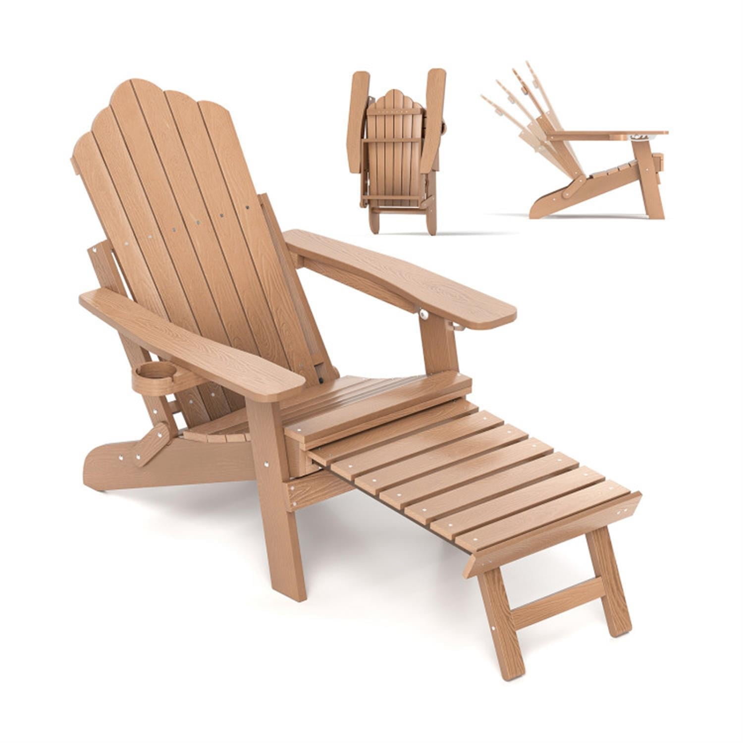 Demi Bonn All-Weather HIPS Patio Adirondack Lounge Chair with Retractable Footrest, Outdoor Accent Furniture Lounge Chairs for Yard, Garden, Brown