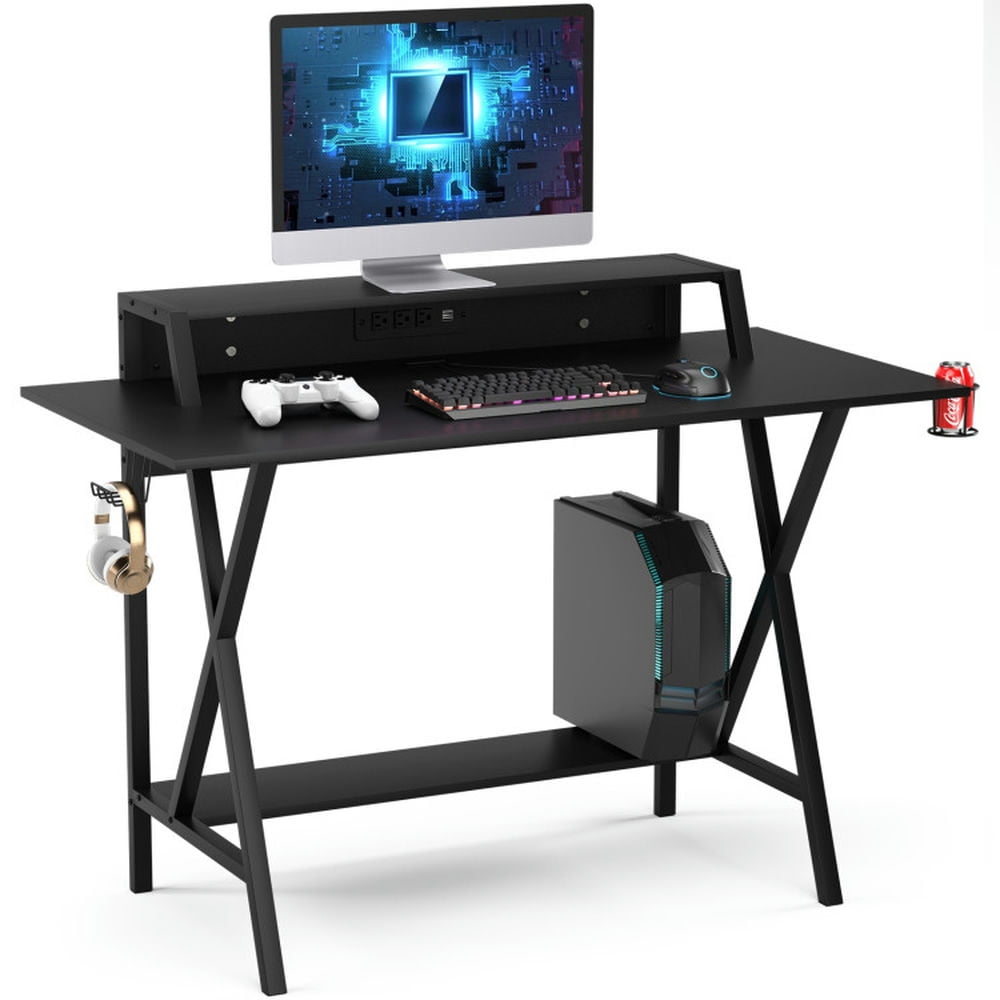 Finihen All-in-One Professional Gaming Desk with Cup and Headphone Holder for Home Office Sturdy Writing Workstation, Black