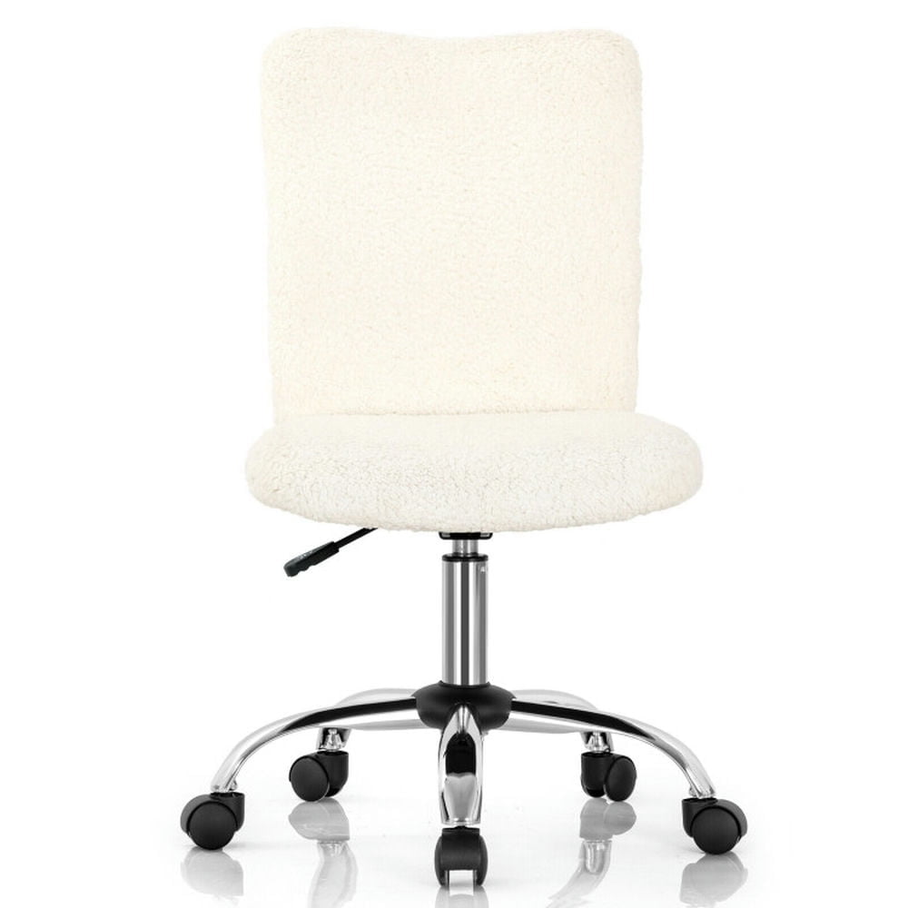 Demi Bonn Armless Faux Fur Leisure Office Chair with Adjustable Swivel, Rolling Work Computer Desk Chair for Home, Bedroom, Study, White