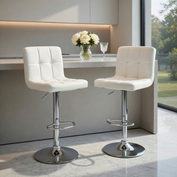 Demi Bonn Armless PU Leather Bar Stool with Adjustable Height and Swivel Seat, Modern Dining Chair with Backrests, White