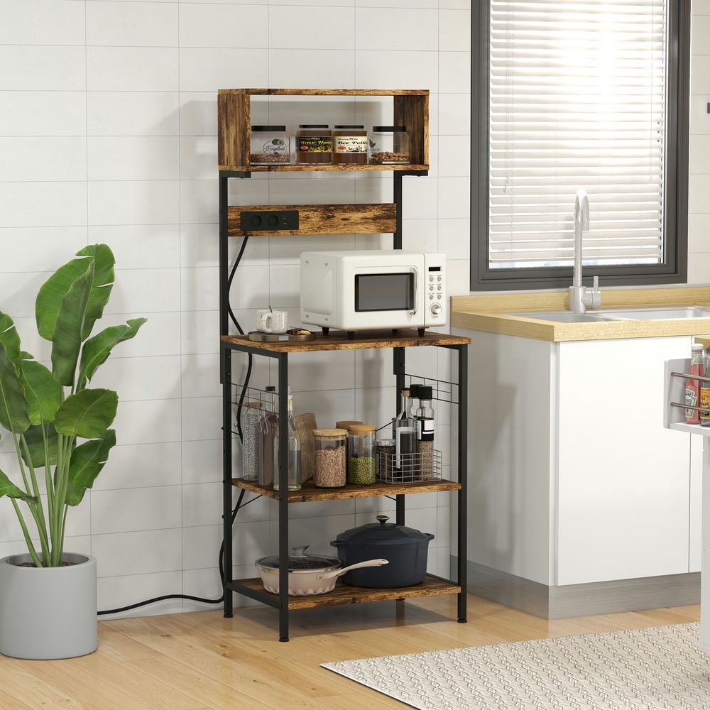 Finihen Bakers Rack with Power Outlet, Microwave Stand, Coffee Bar Station, Kitchen Storage Shelf with 5 S-Shaped Hooks, for Spices, Pots and Pans, Brown Finihen Bakers Rack with Power Outlet, Microwave Stand, Coffee Bar Station, Kitchen Storage Shelf with 5 S-Shaped Hooks, for Spices, Pots and Pans, Brown