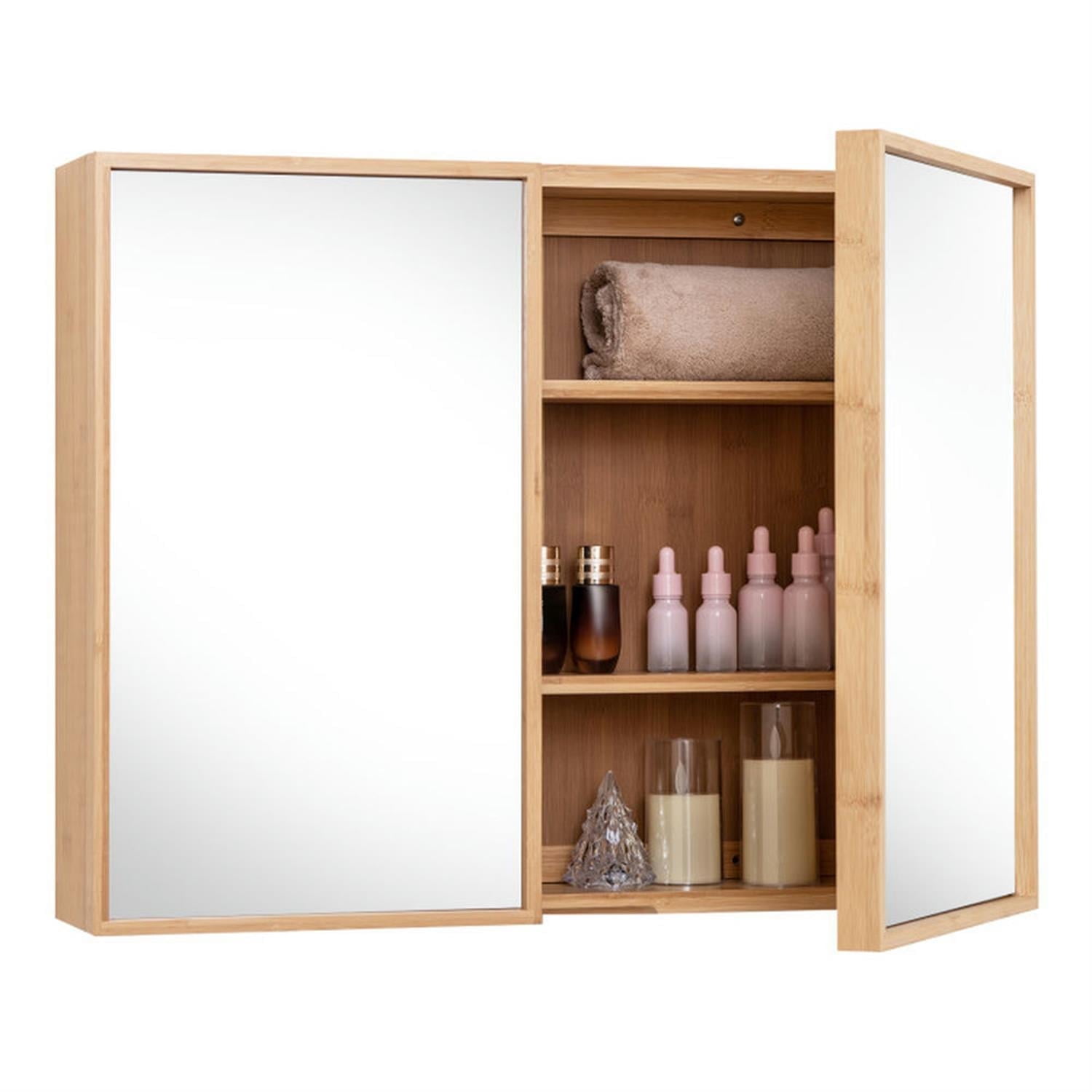 Demi Bonn Bamboo Bathroom Medicine Cabinet with Mirror, Wall Mounted Double Mirror Door Storage Cabinet with Adjustable Shelf for Bathroom Living Room Hallway, Beige