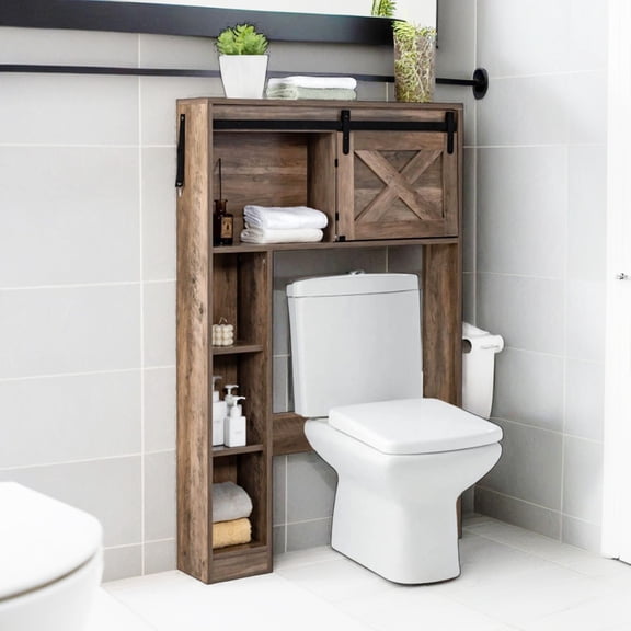 Demi Bonn Bathroom Cabinet Organizer, 4-Tier Over The Toilet Storage Cabinet with Sliding Barn Door and Storage Shelves, for Bathroom, Brown