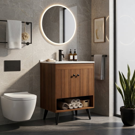 Demi Bonn Bathroom Storage Cabinet, Bathroom Floor Cabinet, 25 Inch Wooden Bathroom Storage Cabinet with Sink, for Bathroom, Living Room, Bedroom, Kitchen, Walnut