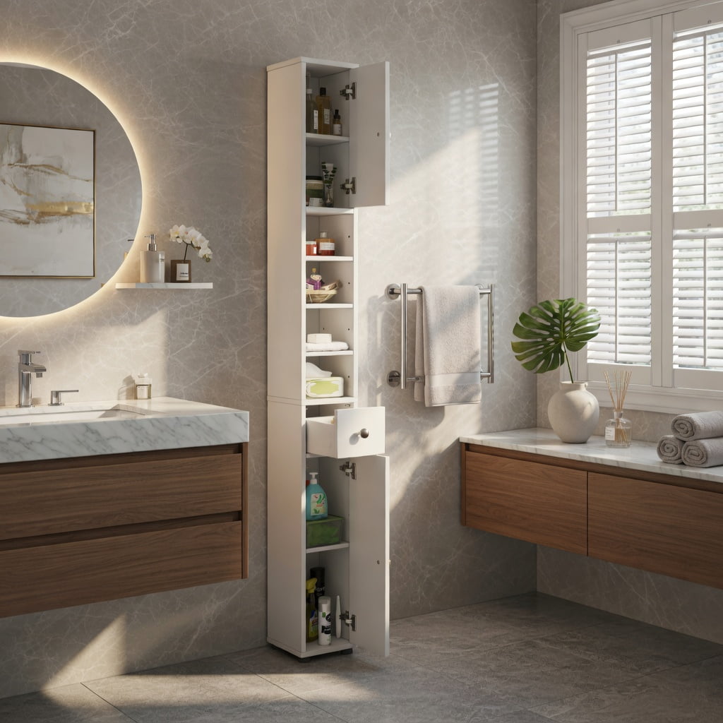 Demi Bonn Bathroom Storage Cabinet, Bathroom Floor Cabinet, Freestanding Slim Bathroom Cabinet with Drawer and Adjustable Shelves, for Bathroom, Living Room, Bedroom, Kitchen, White