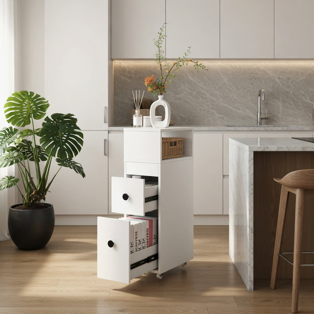 Demi Bonn Bathroom Storage Cabinet, Bathroom Floor Cabinet, Slim Bathroom Cabinet Wooden Toilet Organizer with Deep Slide Out Drawers, for Bathroom, Living Room, Bedroom, Kitchen, White