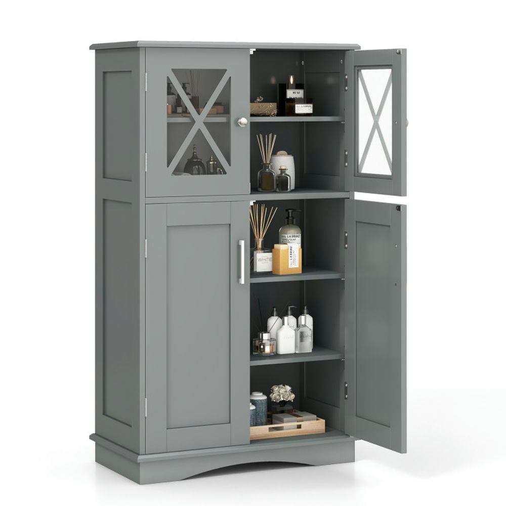 Finihen Bathroom Storage Cabinet, Bathroom Floor Cabinet, 4 Doors Freestanding Bathroom Floor Cabinet with Adjustable Shelves, for Bathroom, Living Room, Bedroom, Kitchen, Gray