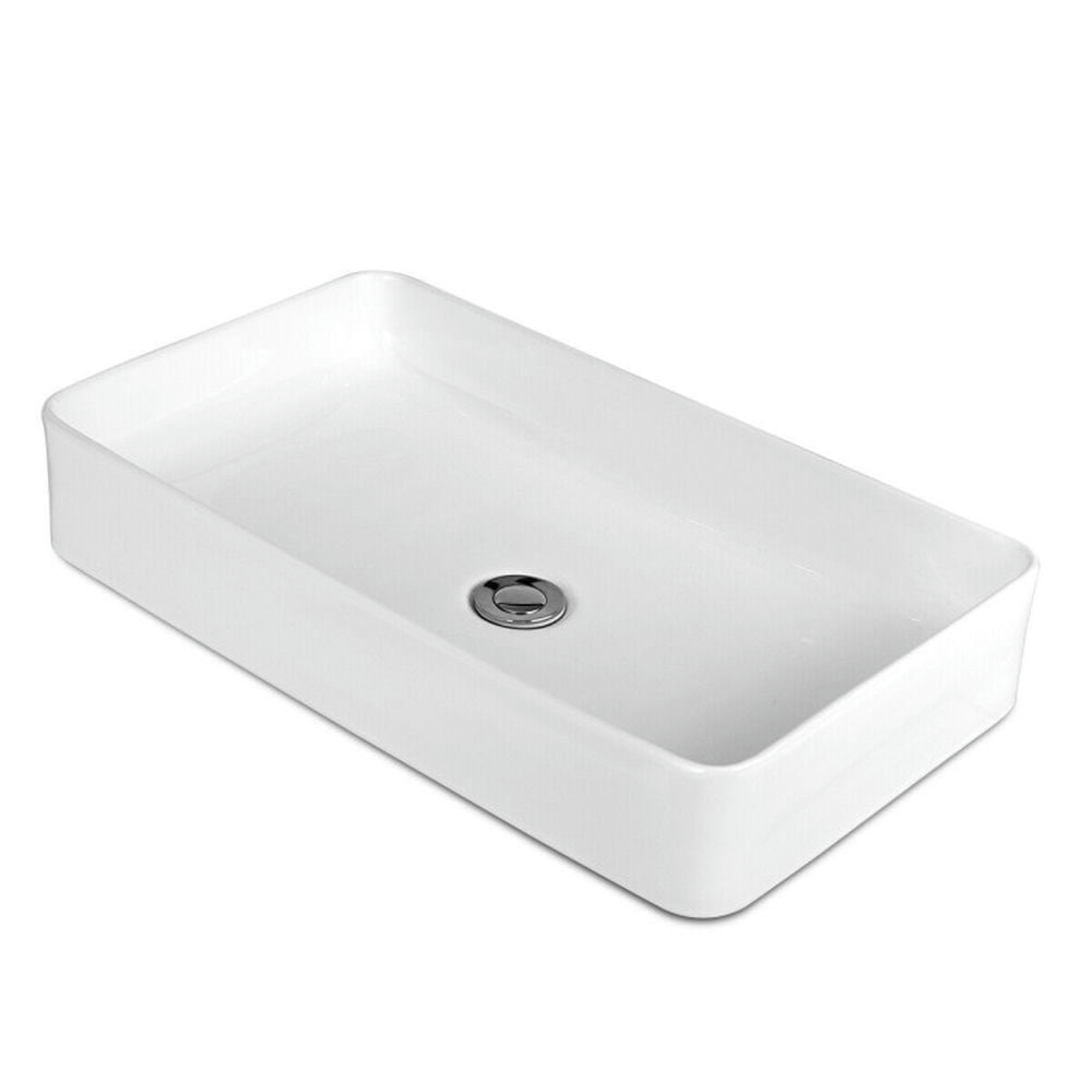 Finihen Bathroom Vessel Sink, Rectangle Ceramic Basin, 24 x 14 Inch Rectangle Bathroom Vessel Sink with Pop-up Drain, White