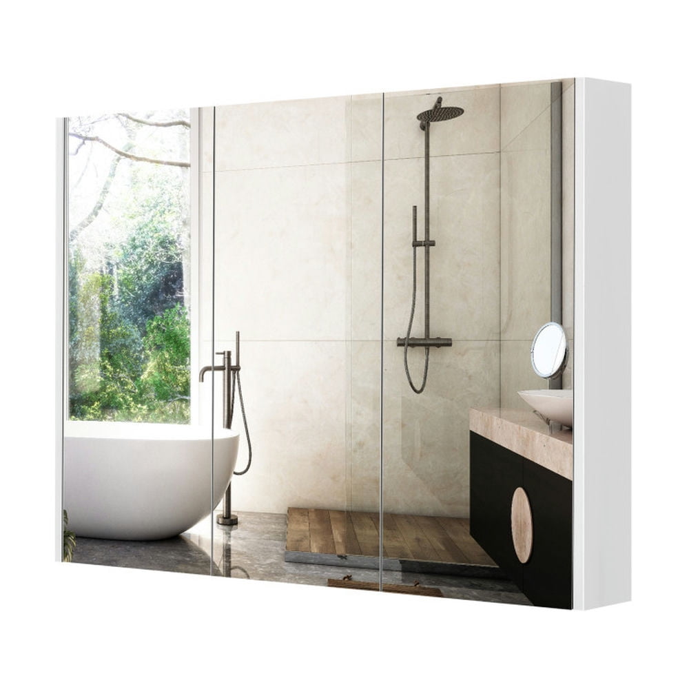 Finihen Bathroom Wall Cabinet, Wall Mounted Bathroom Mirror Cabinet, Frameless Bathroom Wall Mounted Mirror Cabinet with 3 Doors and Adjustable Shelves, White Finihen Bathroom Wall Cabinet, Wall Mounted Bathroom Mirror Cabinet, Frameless Bathroom Wall Mounted Mirror Cabinet with 3 Doors and Adjustable Shelves, White