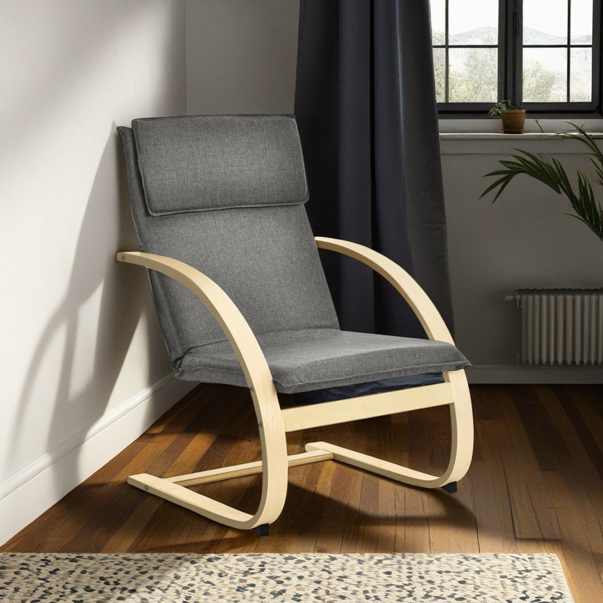 Demi Bonn Bentwood Lounge Chair, Modern Fabric Upholstered Bentwood Lounge Chair, for Bedroom, Living Room, Gray