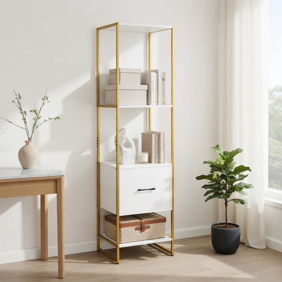 Demi Bonn Bookshelves and Organizer Open Display Storage Shelves with Storage Drawer, 5-Tier Narrow Bookcase Home Decor Furniture for Living Room, White