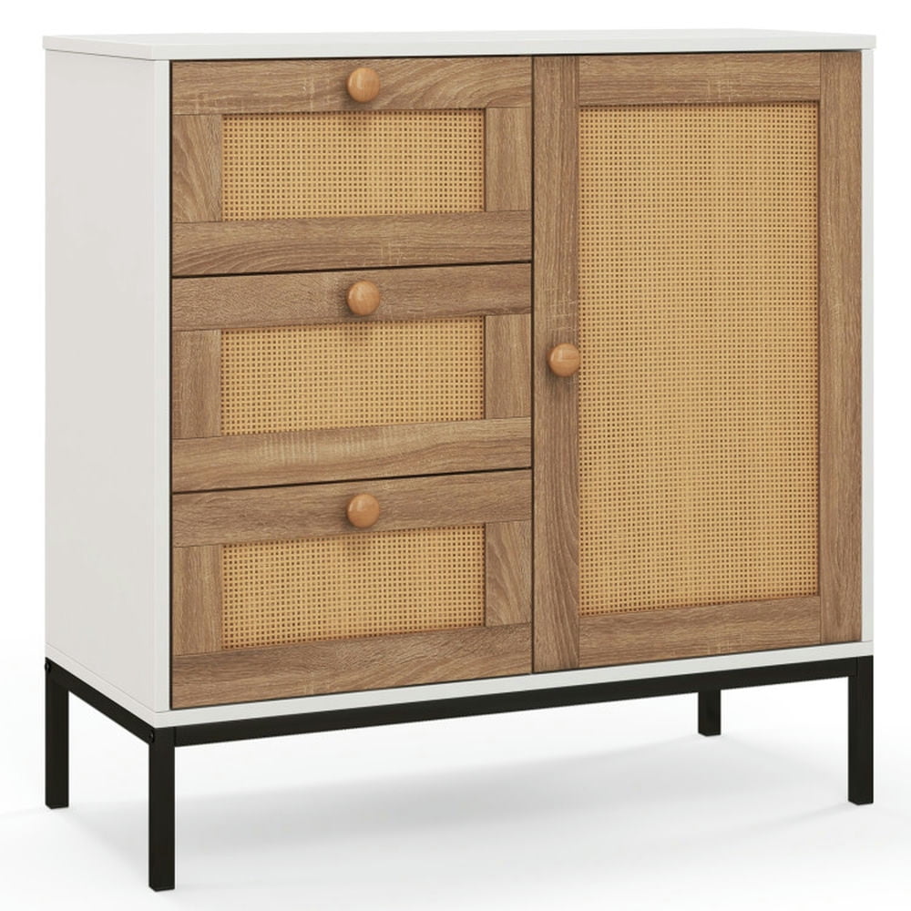 Finihen Buffet Cabinet, Floor Storage Cabinet, Rattan Sideboard, Buffet Cabinet with 1 Door and 3 Drawers, for Living Room, Kitchen, Dining Room, White & Natural Finihen Buffet Cabinet, Floor Storage Cabinet, Rattan Sideboard, Buffet Cabinet with 1 Door and 3 Drawers, for Living Room, Kitchen, Dining Room, White & Natural