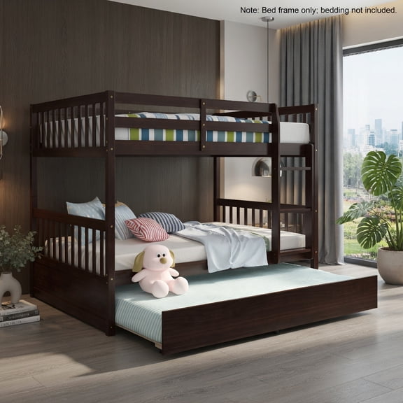 Demi Bonn Bunk Beds Full over Full with Ladder in the Steps and a Full Trundle, Bunk Bed Platform Twin Over Twin, Brown