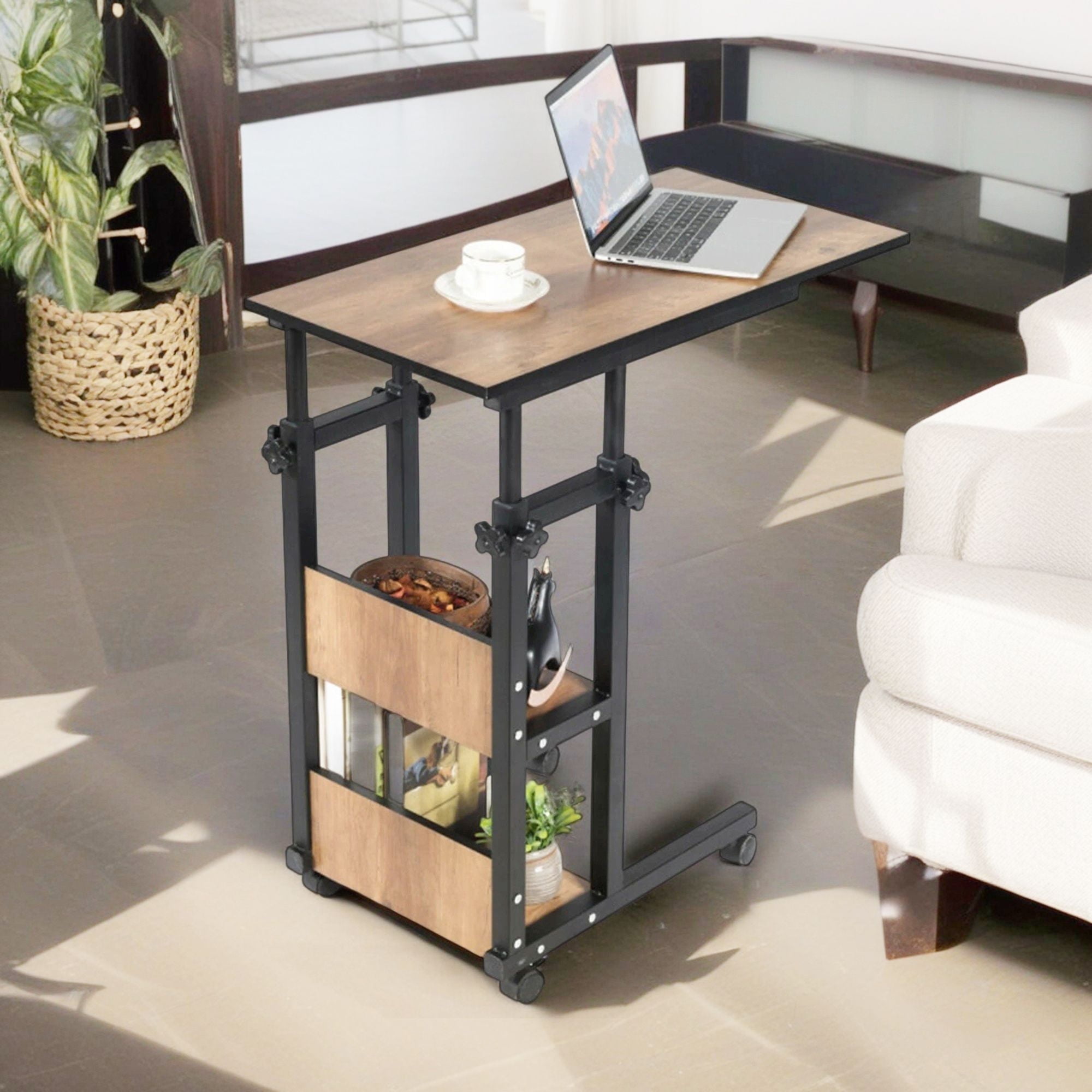 Demi Bonn C-Shape Mobile Snack End Table with Storage Shelves, Sofa Side Table, Bed Side Table, for Living Room, Bedroom, Brown