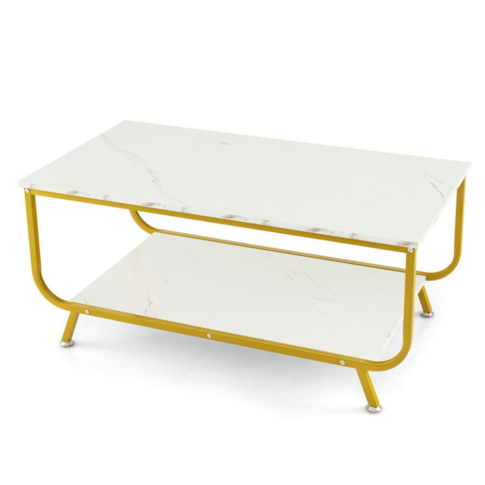 Finihen Coffee Table, Faux Marble Coffee Table, 2-Tier Faux Marble Top Rectangular Coffee Table with Metal Frame, for Living Room, Reception Room, White Finihen Coffee Table, Faux Marble Coffee Table, 2-Tier Faux Marble Top Rectangular Coffee Table with Metal Frame, for Living Room, Reception Room, White