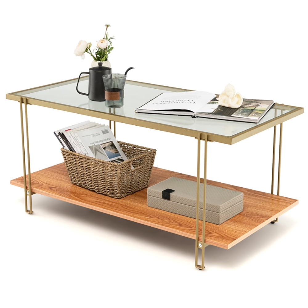 Finihen Coffee Table, Glass Coffee Table, 2 Tiers Rectangle Glass Coffee Table with White and Gold Steel Frame, for Living Room, Reception Room, Golden Finihen Coffee Table, Glass Coffee Table, 2 Tiers Rectangle Glass Coffee Table with White and Gold Steel Frame, for Living Room, Reception Room, Golden