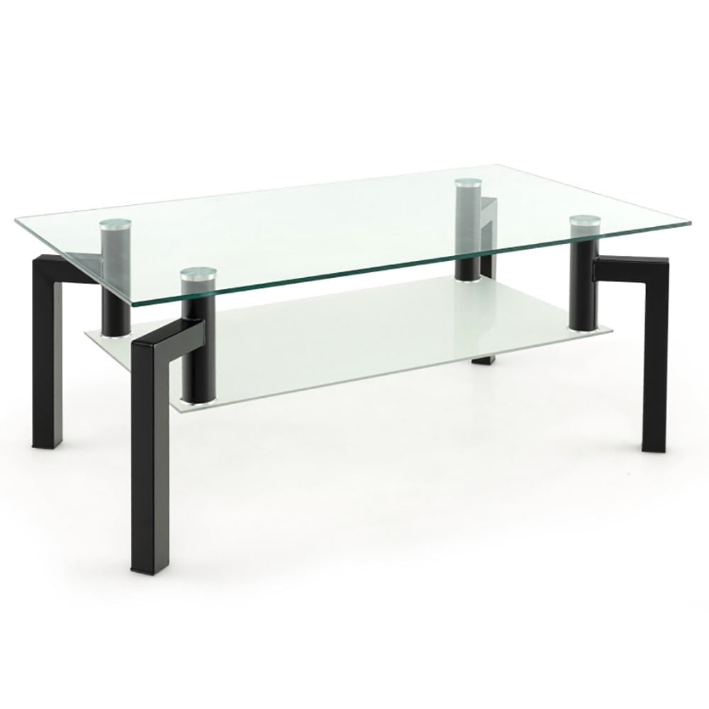 Demi Bonn Coffee Table, Glass Coffee Table, 2-Tier Rectangular Glass Coffee Table with Metal Tube Legs, for Living Room, Reception Room, Black