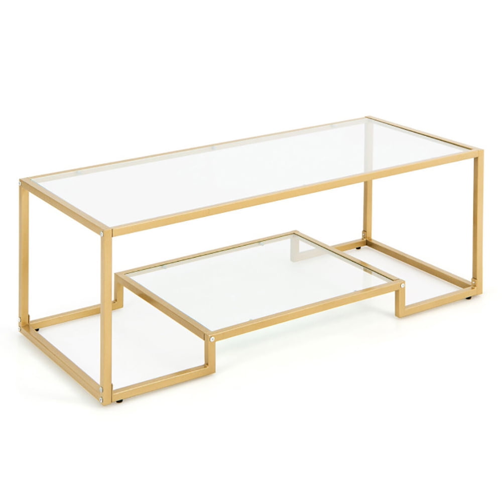 Finihen Coffee Table, Glass Coffee Table, Modern 2-Tier Rectangular Coffee Table with Glass Table Top, for Living Room, Reception Room, Golden Finihen Coffee Table, Glass Coffee Table, Modern 2-Tier Rectangular Coffee Table with Glass Table Top, for Living Room, Reception Room, Golden