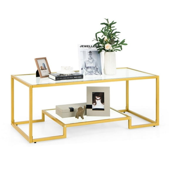 Demi Bonn Coffee Table, Glass Coffee Table, Modern 2-Tier Rectangular Coffee Table with Glass Table Top, for Living Room, Reception Room, Golden