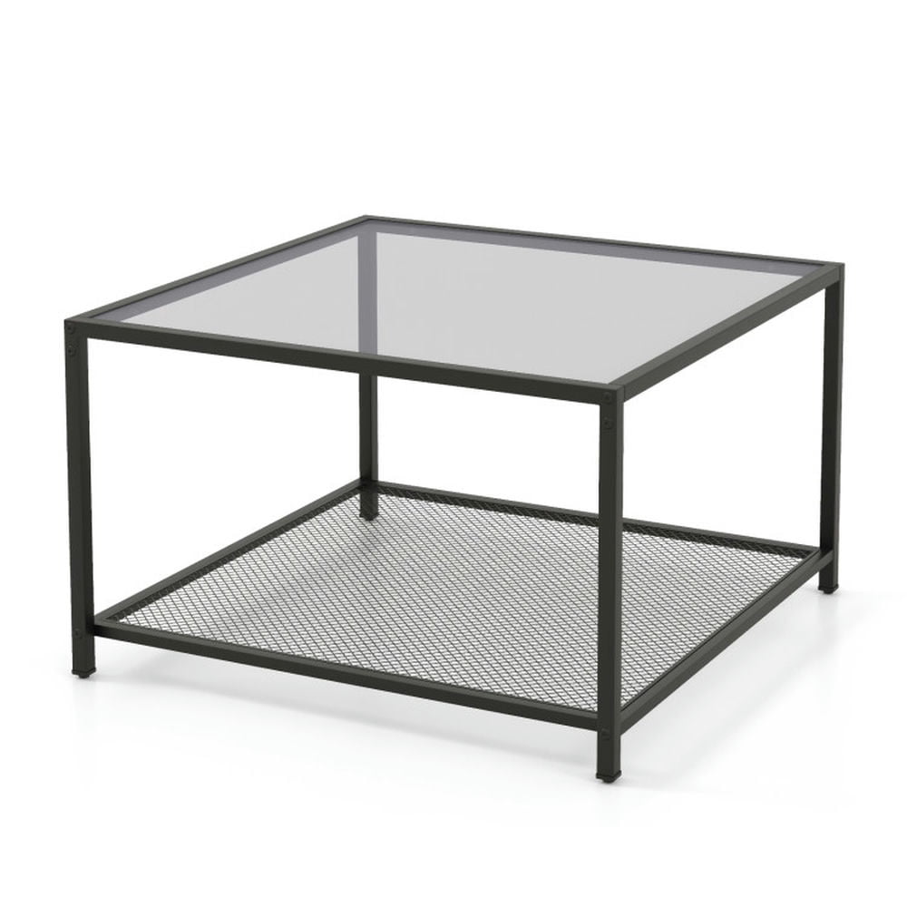 Finihen Coffee Table, Glass Coffee Table, Modern 2-Tier Square Glass Coffee Table with Mesh Shelf, for Living Room, Reception Room, Gray Finihen Coffee Table, Glass Coffee Table, Modern 2-Tier Square Glass Coffee Table with Mesh Shelf, for Living Room, Reception Room, Gray