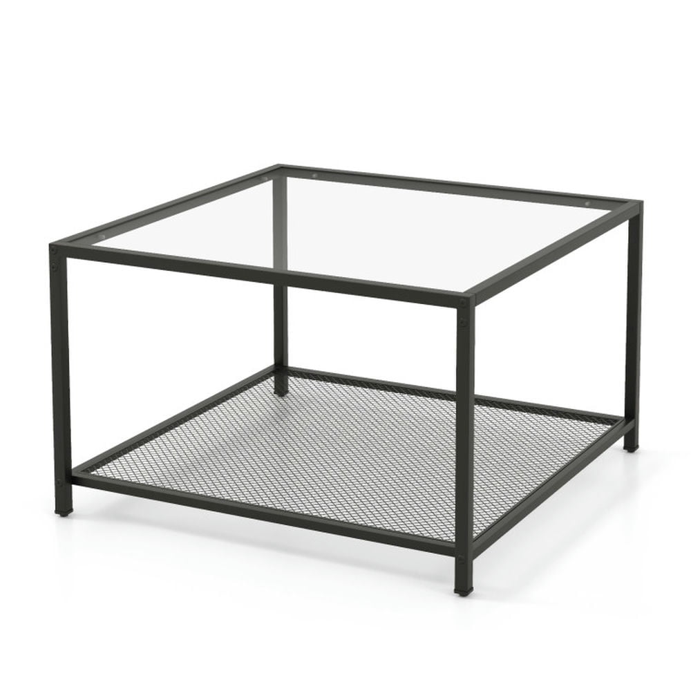 Finihen Coffee Table, Glass Coffee Table, Modern 2-Tier Square Glass Coffee Table with Mesh Shelf, for Living Room, Reception Room, Transparent Finihen Coffee Table, Glass Coffee Table, Modern 2-Tier Square Glass Coffee Table with Mesh Shelf, for Living Room, Reception Room, Transparent