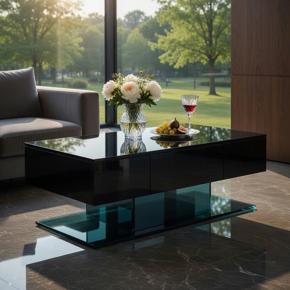 Demi Bonn Coffee Table, LED Coffee Table, Modern LED Coffee Table with 20 Color LED Lights and 2 Storage Drawers, for Living Room, Reception Room, Black
