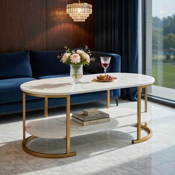 Demi Bonn Coffee Table, Marble Coffee Table with Open Storage Shelf, for Living Room, Reception Room, White