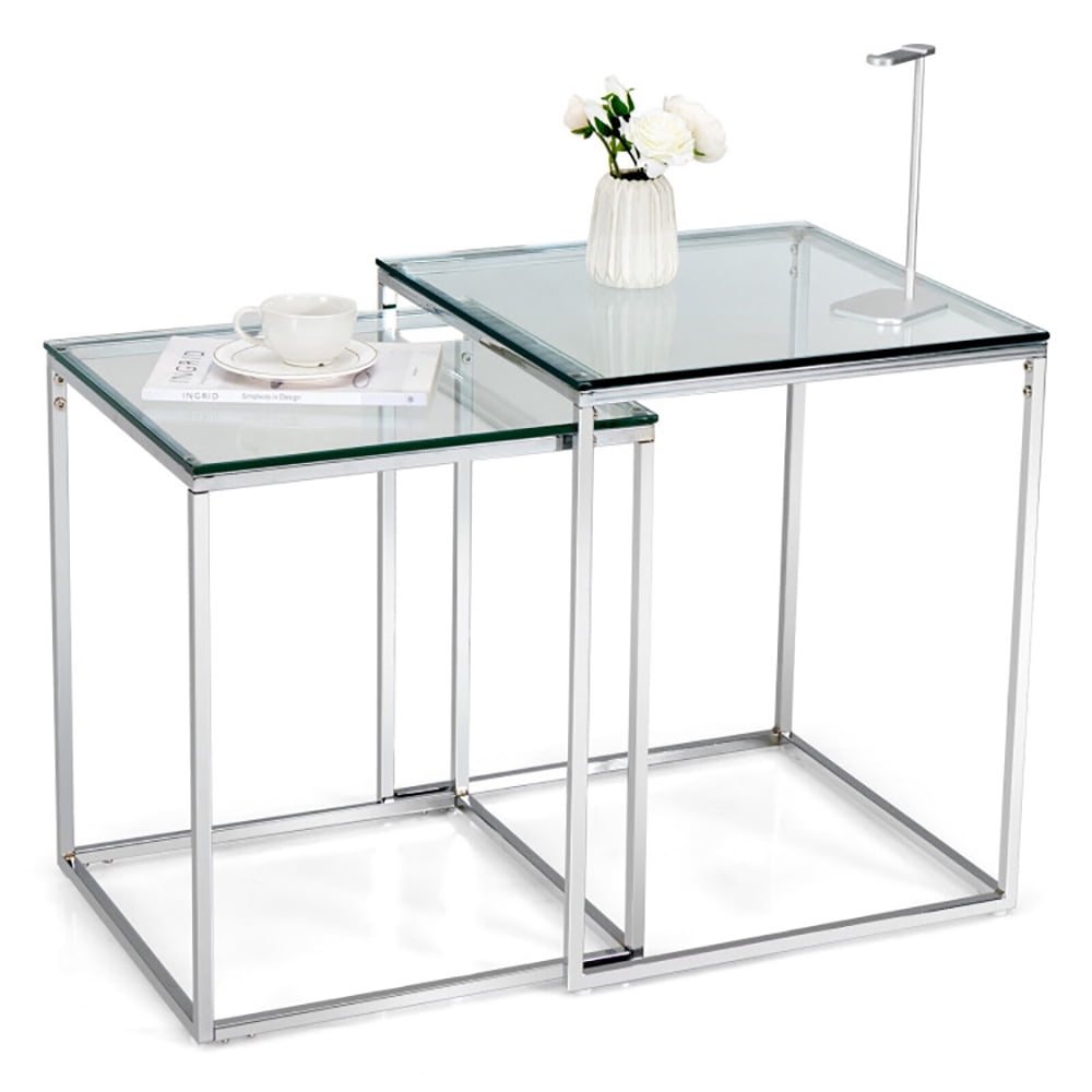 Finihen Coffee Table, Nesting Coffee Table, 2 Pieces Modern Nesting Coffee Table with Tempered Glass Top and Steel Frame, for Living Room, Reception Room, Sliver Finihen Coffee Table, Nesting Coffee Table, 2 Pieces Modern Nesting Coffee Table with Tempered Glass Top and Steel Frame, for Living Room, Reception Room, Sliver