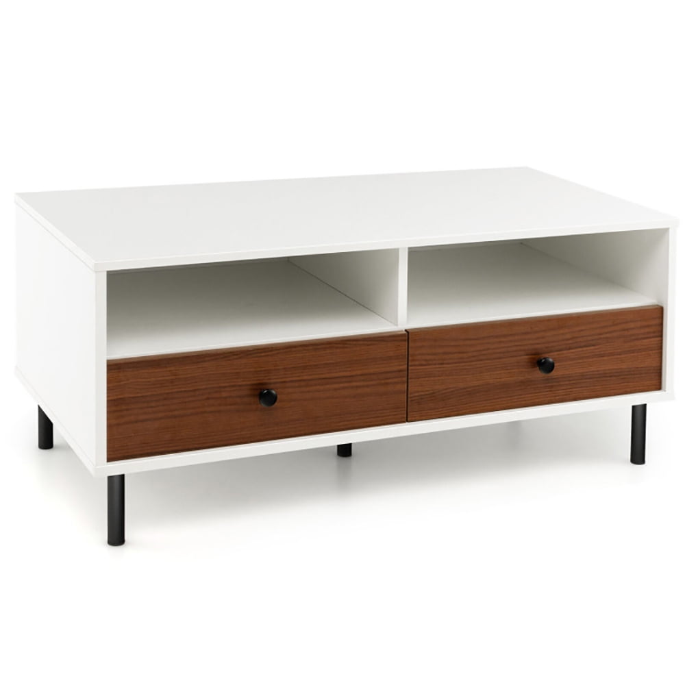 Finihen Coffee Table, Rectangular Coffee Table, 2 Tier 40 Inch Length Modern Rectangle Coffee Table with Storage Shelf and Drawers, for Living Room, Reception Room, Office, White Finihen Coffee Table, Rectangular Coffee Table, 2 Tier 40 Inch Length Modern Rectangle Coffee Table with Storage Shelf and Drawers, for Living Room, Reception Room, Office, White