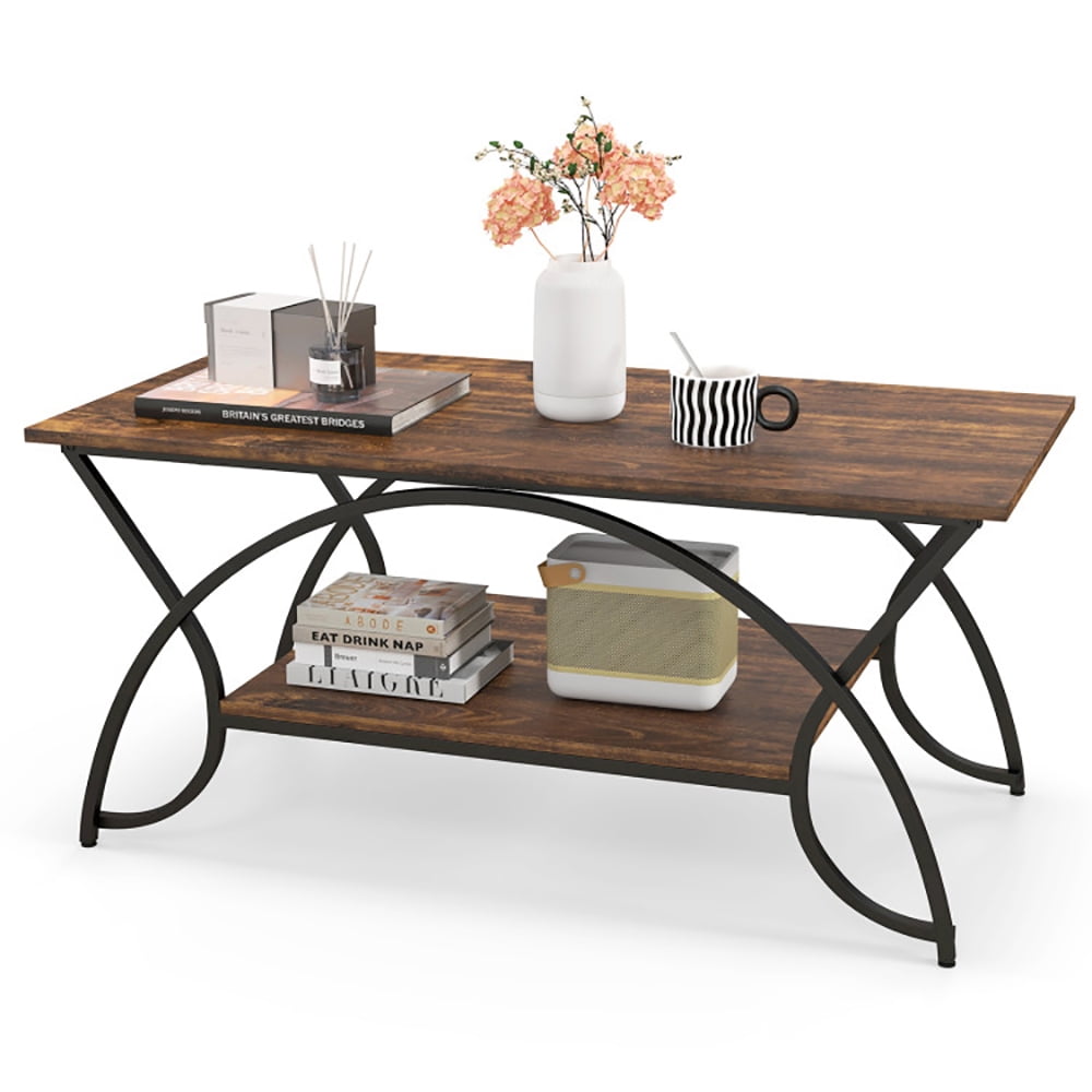 Finihen Coffee Table, Rectangular Coffee Table, 2-Tier Faux Marble Coffee Table with Marble Top and Metal Frame, for Living Room, Reception Room, Rustic Brown Finihen Coffee Table, Rectangular Coffee Table, 2-Tier Faux Marble Coffee Table with Marble Top and Metal Frame, for Living Room, Reception Room, Rustic Brown