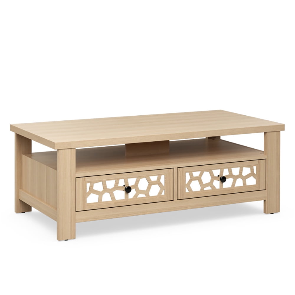 Finihen Coffee Table, Rectangular Coffee Table, 3-tier Coffee Table with 2 Drawers and 5 Support Legs, for Living Room, Reception Room, Office, Natural Finihen Coffee Table, Rectangular Coffee Table, 3-tier Coffee Table with 2 Drawers and 5 Support Legs, for Living Room, Reception Room, Office, Natural