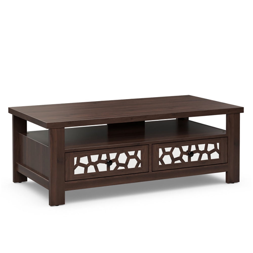 Finihen Coffee Table, Rectangular Coffee Table, 3-tier Coffee Table with 2 Drawers and 5 Support Legs, for Living Room, Reception Room, Office, Brown Finihen Coffee Table, Rectangular Coffee Table, 3-tier Coffee Table with 2 Drawers and 5 Support Legs, for Living Room, Reception Room, Office, Brown