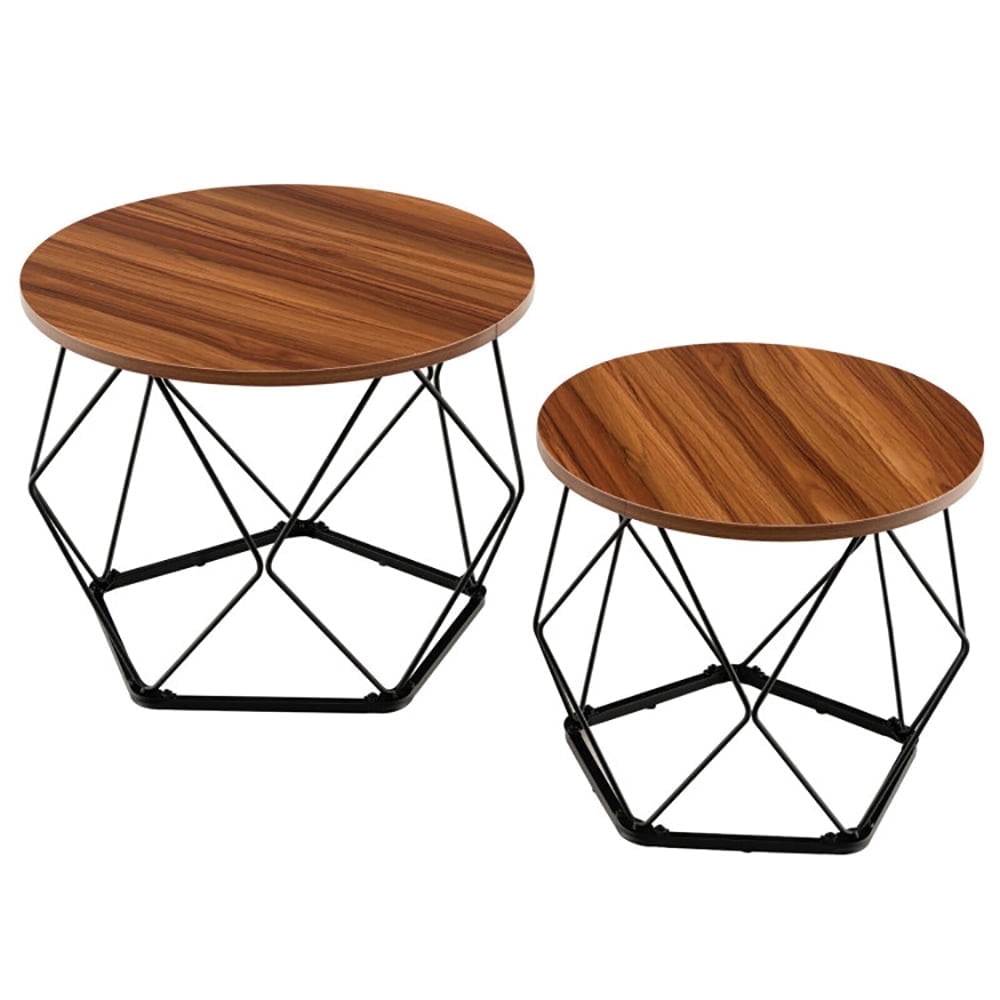Demi Bonn Coffee Table, Round Coffee Table, Set of 2 Modern Round Coffee Table with Pentagonal Steel Base, for Living Room, Reception Room, Rustic Brown
