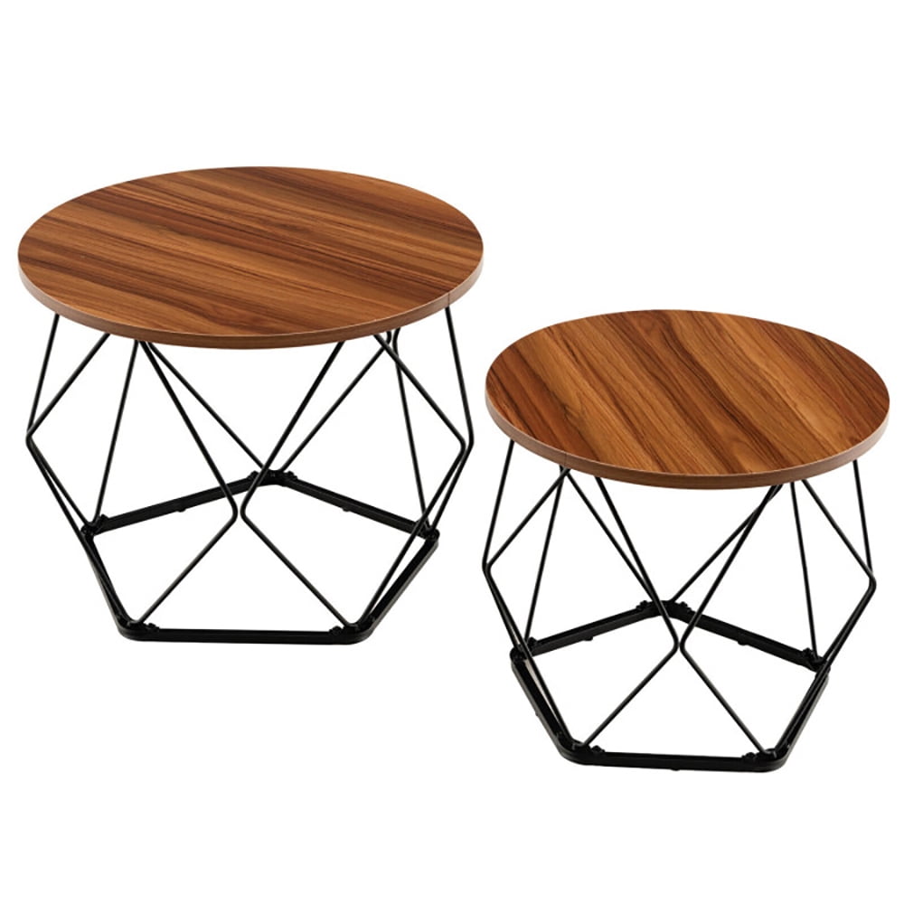 Finihen Coffee Table, Round Coffee Table, Set of 2 Modern Round Coffee Table with Pentagonal Steel Base, for Living Room, Reception Room, Rustic Brown