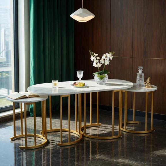 Demi Bonn Coffee Table Set of 3, Powder-coated Gold Metal Frame Dining Center Tables with Faux Marble Tabletop for Living Room, Bedroom, Office and Balcony, White