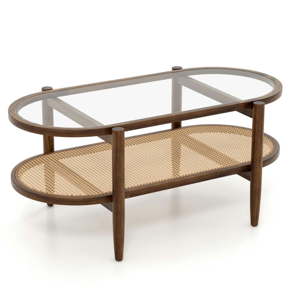 Finihen Coffee Table, Tempered Glass Coffee Table, 2-Tier Coffee Table with Tempered Glass Tabletop and Acacia Wood Frame, for Living Room, Reception Room, Brown Finihen Coffee Table, Tempered Glass Coffee Table, 2-Tier Coffee Table with Tempered Glass Tabletop and Acacia Wood Frame, for Living Room, Reception Room, Brown