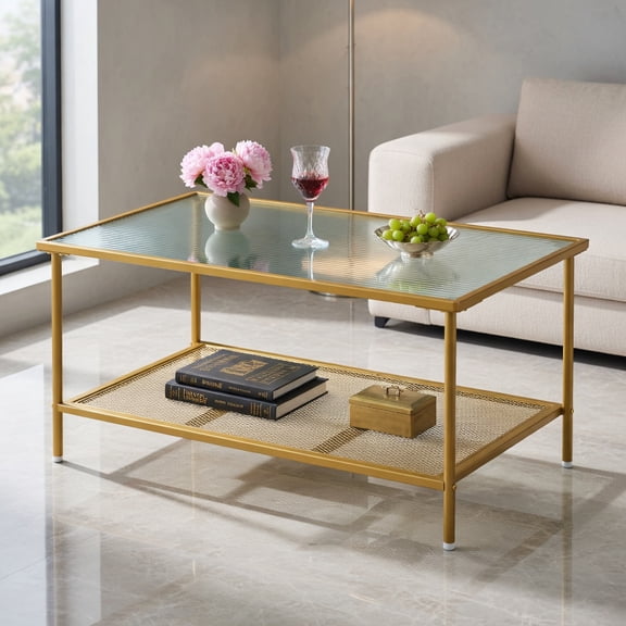 Demi Bonn Coffee Table, Tempered Glass Coffee Table, 2-Tier Coffee Table with Shelf Center Tea Table with Tempered Glass Top, for Living Room, Reception Room, Golden