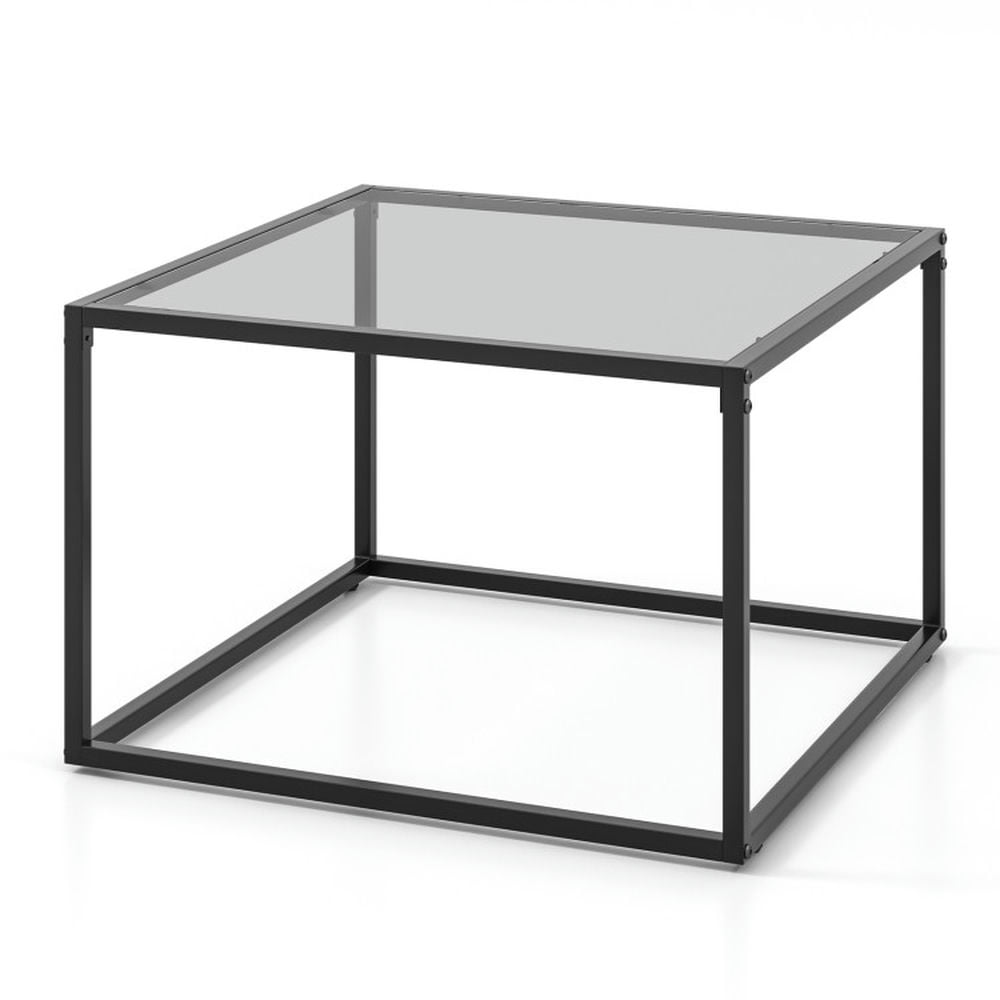 Finihen Coffee Table, Tempered Glass Coffee Table, 27.5 Inch Home Square Tea Table with Heavy-duty Metal Frame, for Living Room, Reception Room, Gray