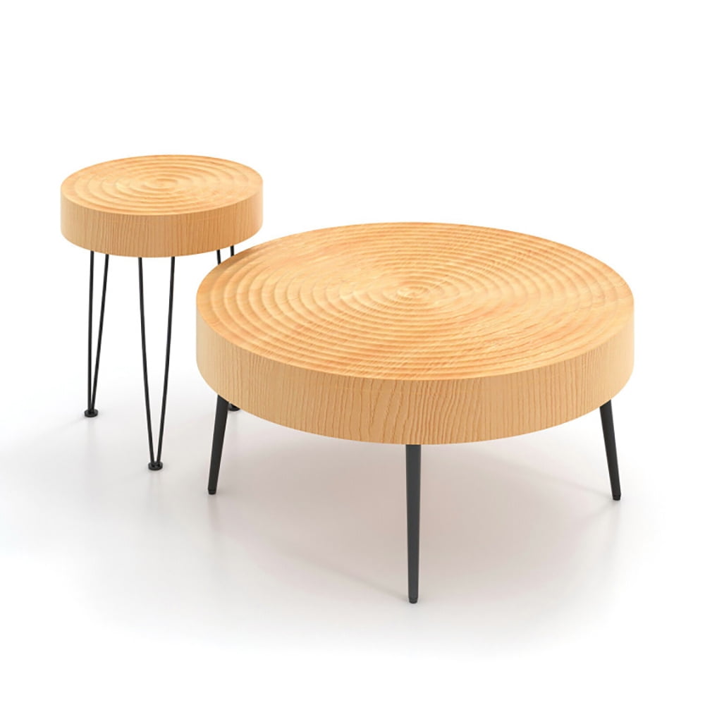 Finihen Coffee Table, Wooden Coffee Table, Set of 2 Solid Wood Farmhouse Round Coffee Tables with Ring Pattern, for Living Room, Reception Room, Natural Finihen Coffee Table, Wooden Coffee Table, Set of 2 Solid Wood Farmhouse Round Coffee Tables with Ring Pattern, for Living Room, Reception Room, Natural
